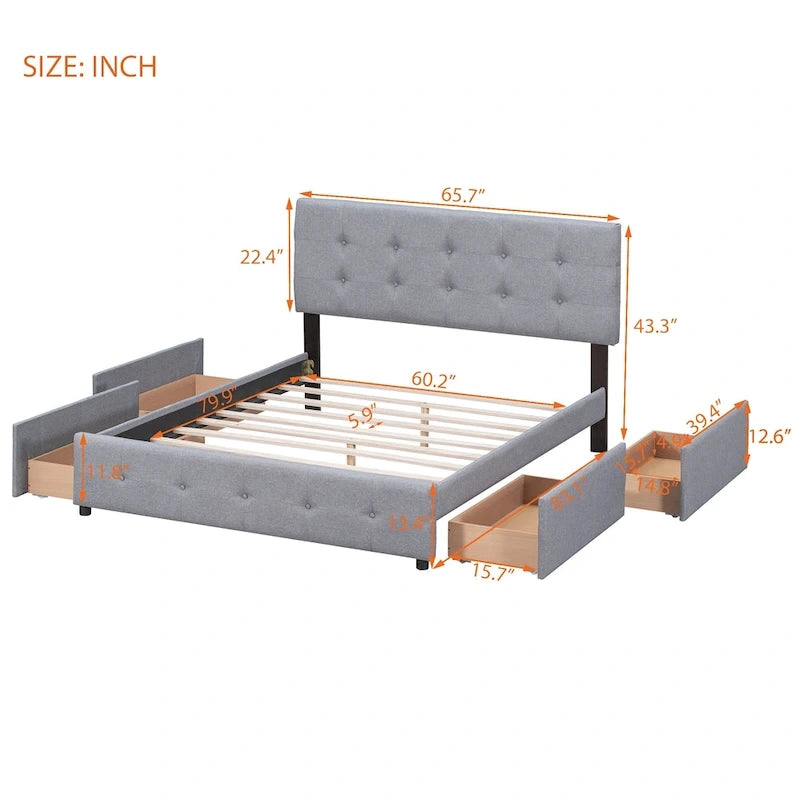 Queen Size Linen Button Tufted Platform Bed Frame with 4 Storage Drawers