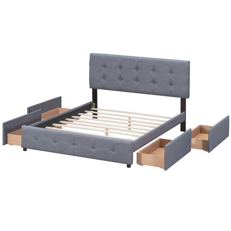 Queen Size Linen Button Tufted Platform Bed Frame with 4 Storage Drawers