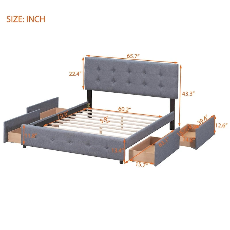 Queen Size Linen Button Tufted Platform Bed Frame with 4 Storage Drawers