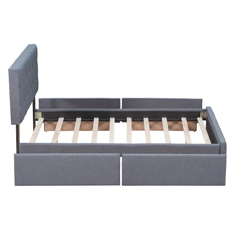 Queen Size Linen Button Tufted Platform Bed Frame with 4 Storage Drawers