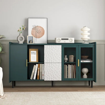 Modern Storage Cabinet with 2 Glass Doors, 2 Drawers and 2 Open Storage Compartment