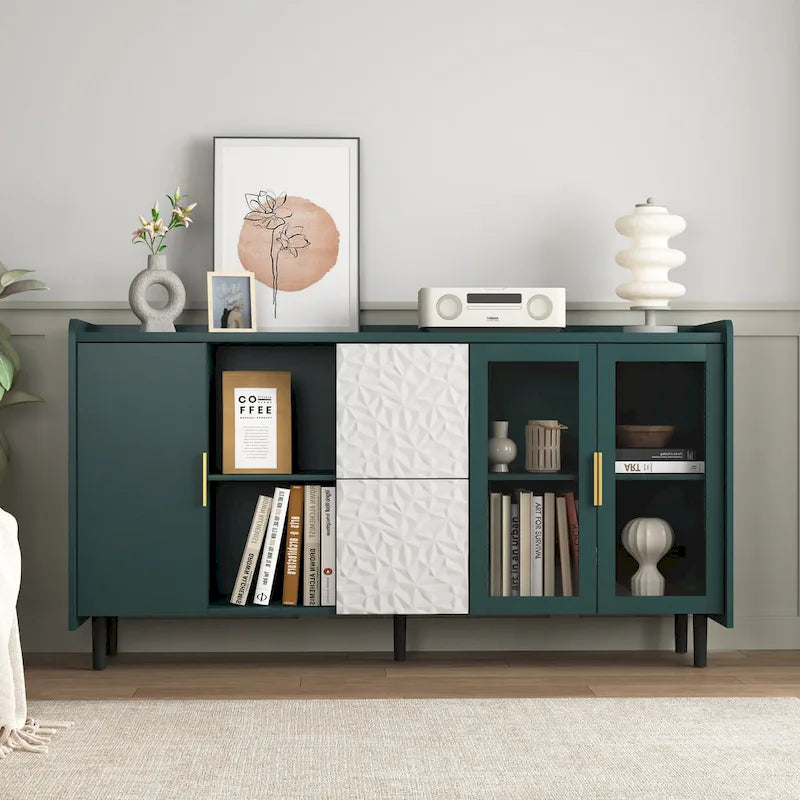 Modern Storage Cabinet with 2 Glass Doors, 2 Drawers and 2 Open Storage Compartment