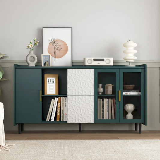 Modern Storage Cabinet with 2 Glass Doors, 2 Drawers and 2 Open Storage Compartment