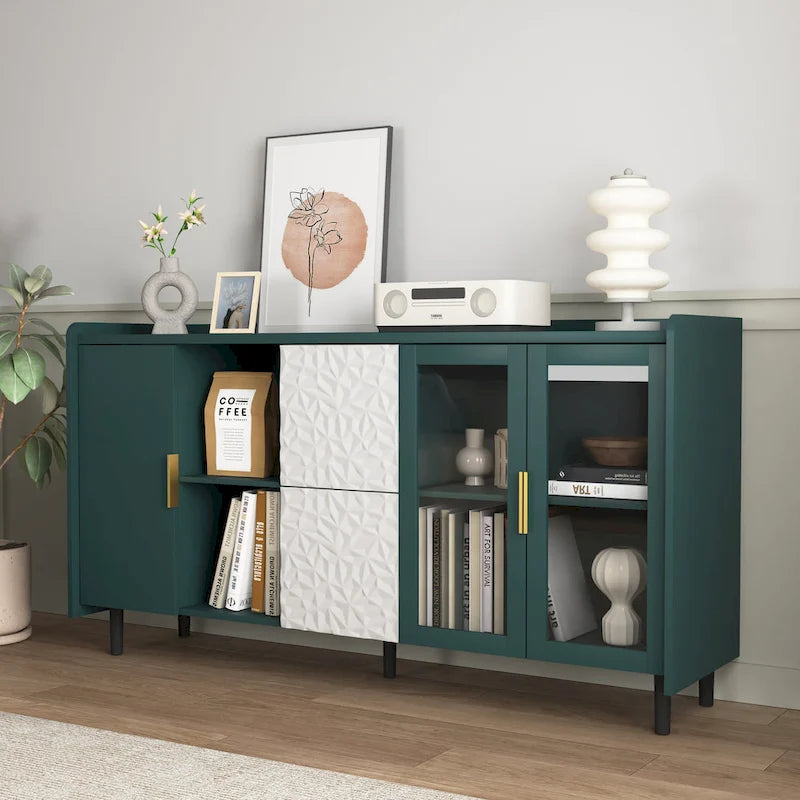 Modern Storage Cabinet with 2 Glass Doors, 2 Drawers and 2 Open Storage Compartment