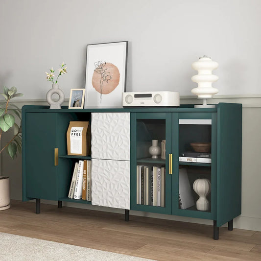 Modern Storage Cabinet with 2 Glass Doors, 2 Drawers and 2 Open Storage Compartment