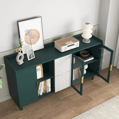 Modern Storage Cabinet with 2 Glass Doors, 2 Drawers and 2 Open Storage Compartment