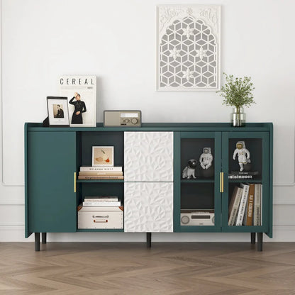 Modern Storage Cabinet with 2 Glass Doors, 2 Drawers and 2 Open Storage Compartment