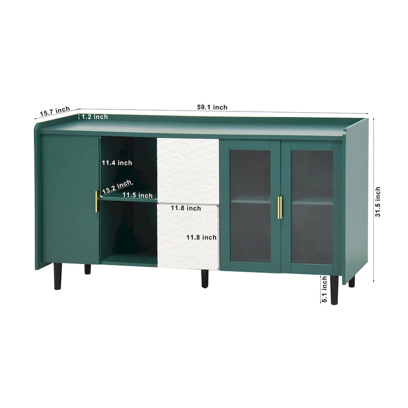 Modern Storage Cabinet with 2 Glass Doors, 2 Drawers and 2 Open Storage Compartment