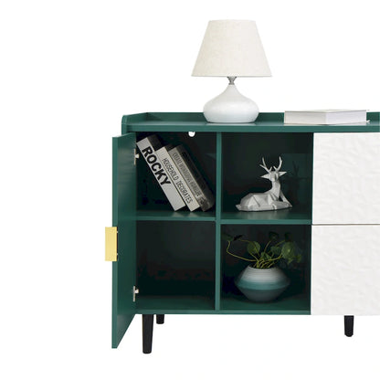 Modern Storage Cabinet with 2 Glass Doors, 2 Drawers and 2 Open Storage Compartment