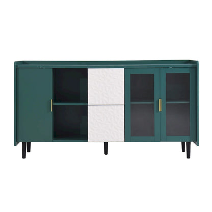 Modern Storage Cabinet with 2 Glass Doors, 2 Drawers and 2 Open Storage Compartment