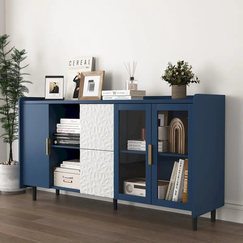 Modern Storage Cabinet with 2 Glass Doors, 2 Drawers and 2 Open Storage Compartment