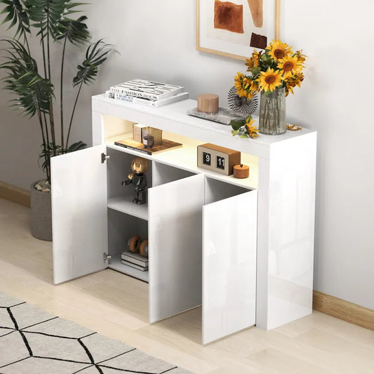Modern Storage Cabinet with LED Light, Shelves and 3 Doors for Hallway, Dining Room