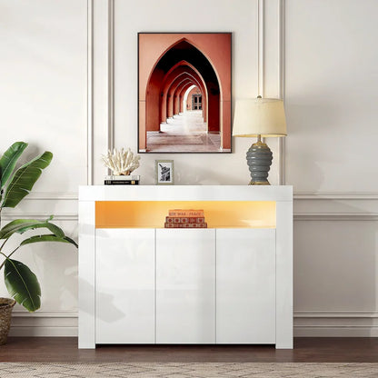 Modern Storage Cabinet with LED Light, Shelves and 3 Doors for Hallway, Dining Room