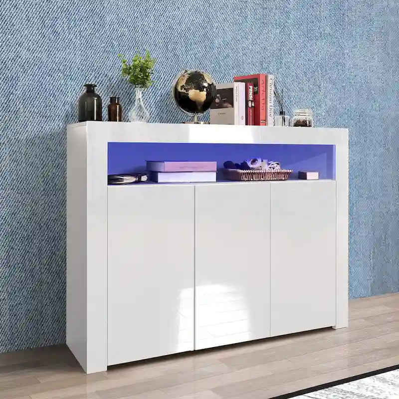 Modern Storage Cabinet with LED Light, Shelves and 3 Doors for Hallway, Dining Room