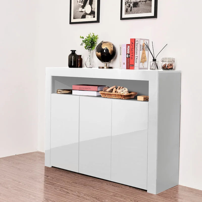 Modern Storage Cabinet with LED Light, Shelves and 3 Doors for Hallway, Dining Room