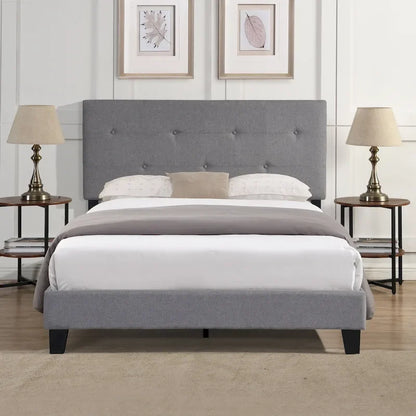 Gray Queen Upholstered Platform Bed with Linen Fabric Headboard & Slat Support