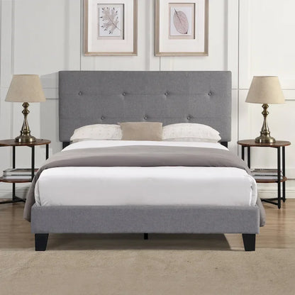 Gray Queen Upholstered Platform Bed with Linen Fabric Headboard & Slat Support