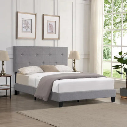 Gray Queen Upholstered Platform Bed with Linen Fabric Headboard & Slat Support