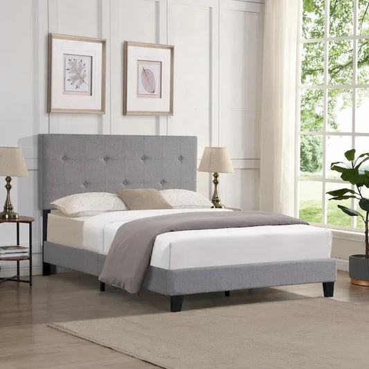 Gray Queen Upholstered Platform Bed with Linen Fabric Headboard & Slat Support