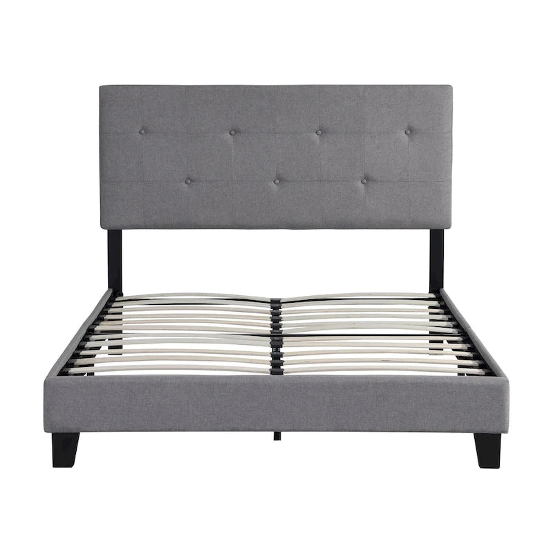 Gray Queen Upholstered Platform Bed with Linen Fabric Headboard & Slat Support