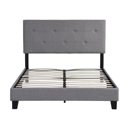 Gray Queen Upholstered Platform Bed with Linen Fabric Headboard & Slat Support