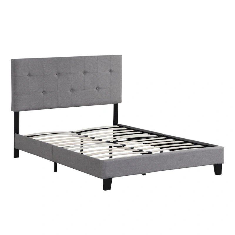 Gray Queen Upholstered Platform Bed with Linen Fabric Headboard & Slat Support