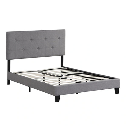 Gray Queen Upholstered Platform Bed with Linen Fabric Headboard & Slat Support