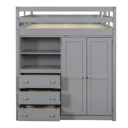 Full Solid Wood Loft Bed with Wardrobe & Desk