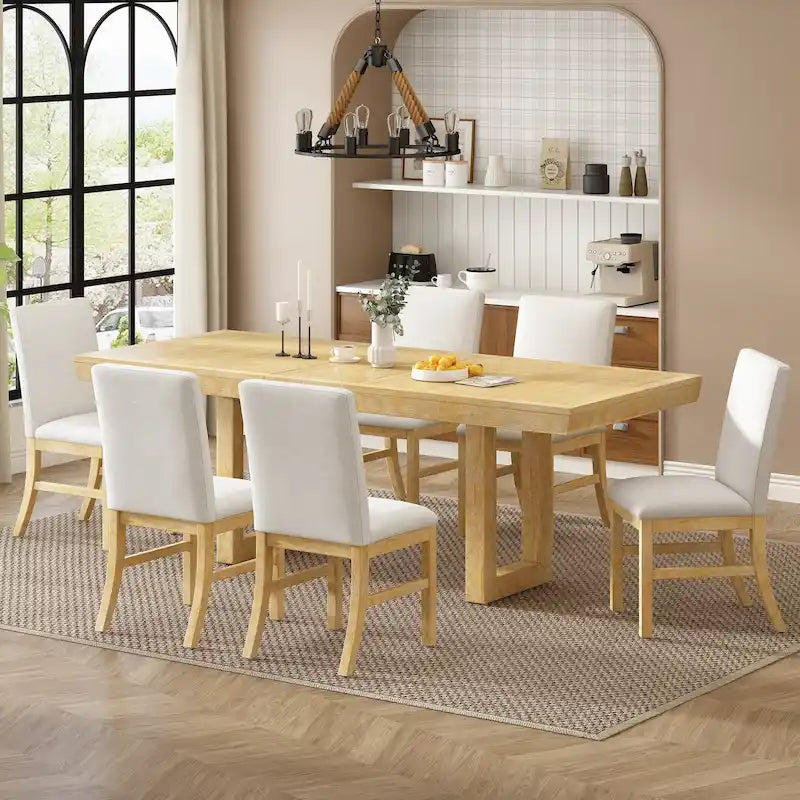 Traditional Style 7-piece Extendable Dining Table Set with Butterfly Leaf and 6 Upholstered Chairs