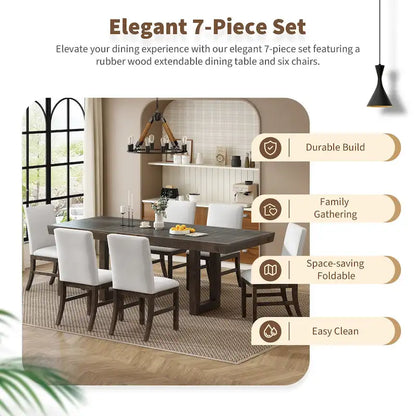 Traditional Style 7-piece Extendable Dining Table Set with Butterfly Leaf and 6 Upholstered Chairs