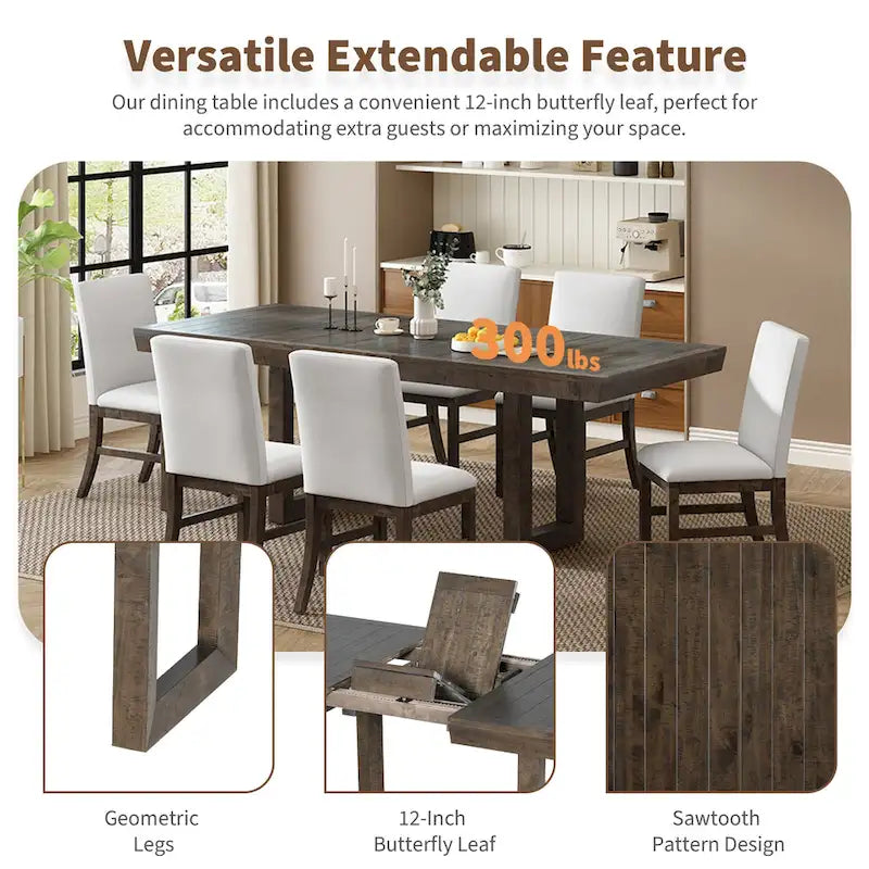 Traditional Style 7-piece Extendable Dining Table Set with Butterfly Leaf and 6 Upholstered Chairs
