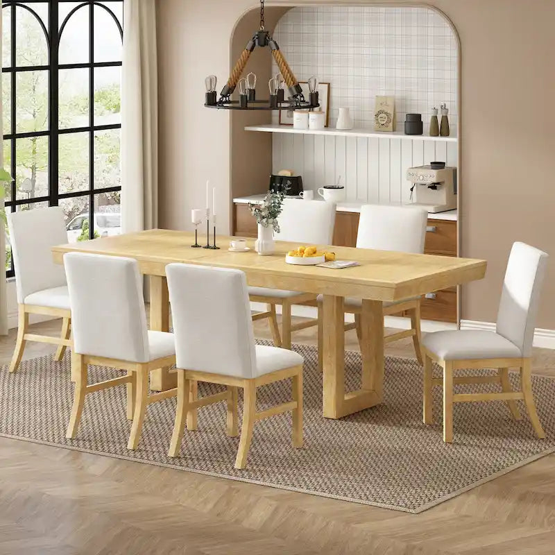 Traditional Style 7-piece Extendable Dining Table Set with Butterfly Leaf and 6 Upholstered Chairs