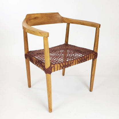 Erline Teak Wood Weaved Leather Seat Accent Chair Armchair