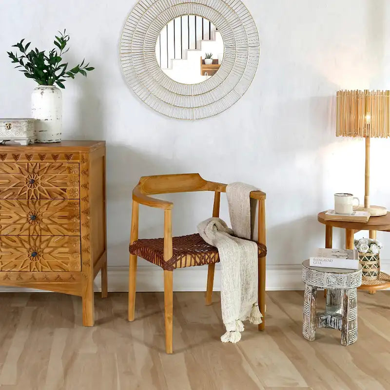 Erline Teak Wood Weaved Leather Seat Accent Chair Armchair