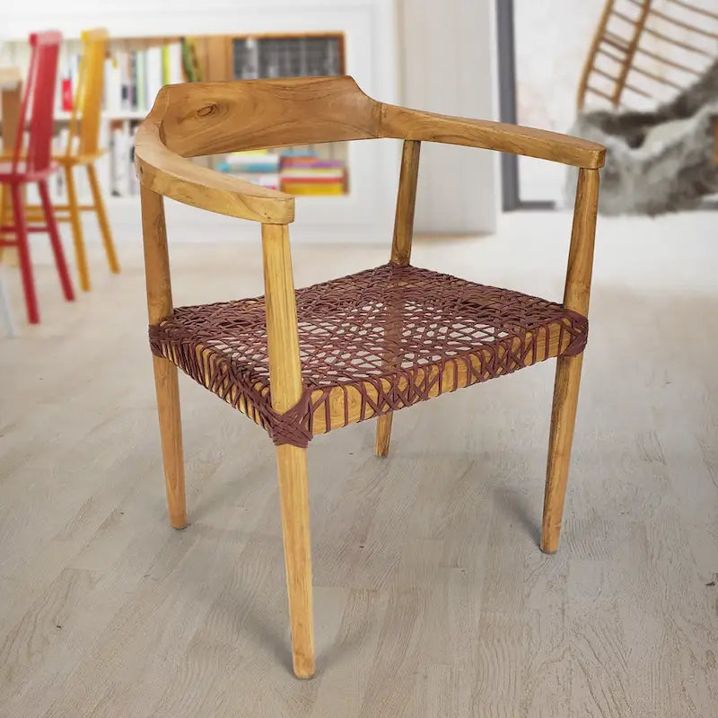 Erline Teak Wood Weaved Leather Seat Accent Chair Armchair