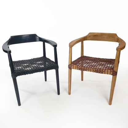 Erline Teak Wood Weaved Leather Seat Accent Chair Armchair