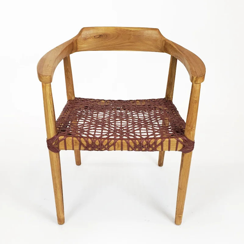 Erline Teak Wood Weaved Leather Seat Accent Chair Armchair