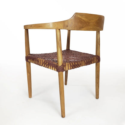 Erline Teak Wood Weaved Leather Seat Accent Chair Armchair