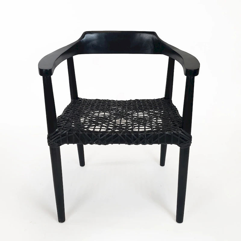 Erline Teak Wood Weaved Leather Seat Accent Chair Armchair