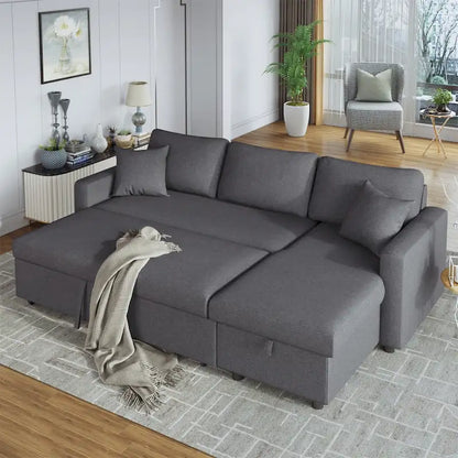 Merax Upholstery Sleeper Sectional Sofa with Storage Space, 2 Tossing Cushions