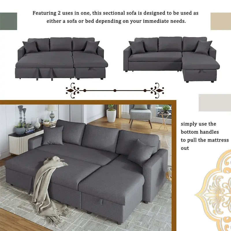 Merax Upholstery Sleeper Sectional Sofa with Storage Space, 2 Tossing Cushions