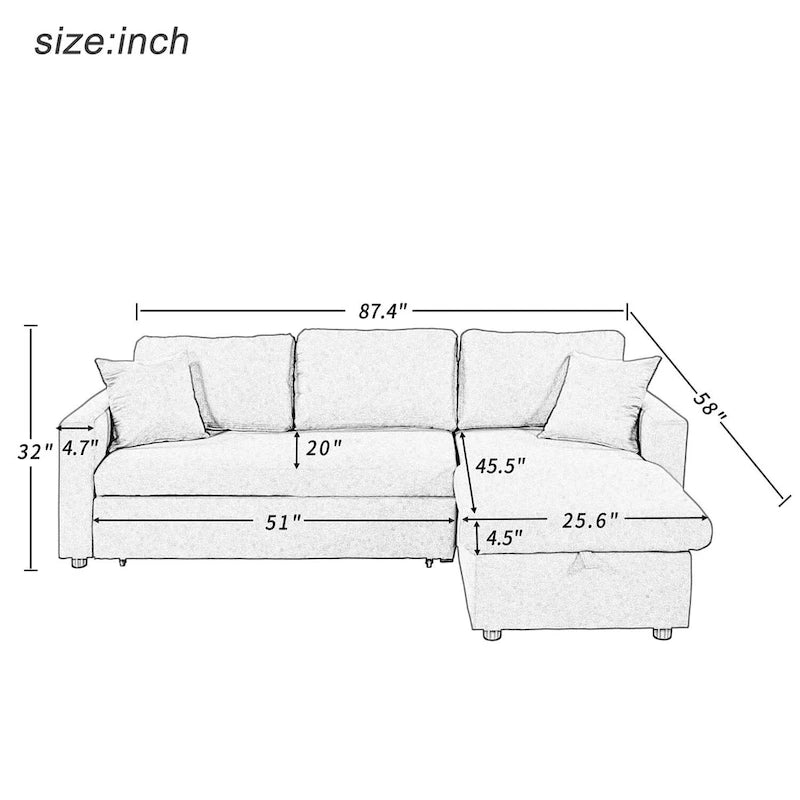 Merax Upholstery Sleeper Sectional Sofa with Storage Space, 2 Tossing Cushions