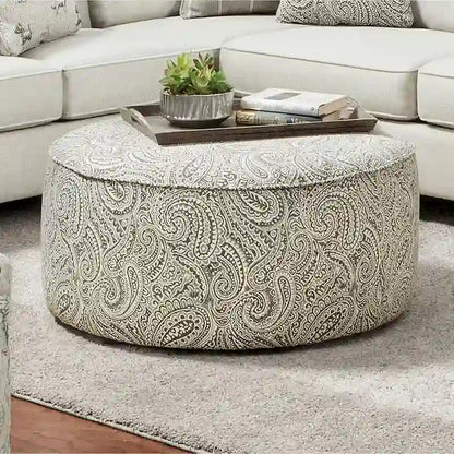 Restian Transitional Ivory Chenille Paisley Print Cocktail Ottoman by Furniture of America