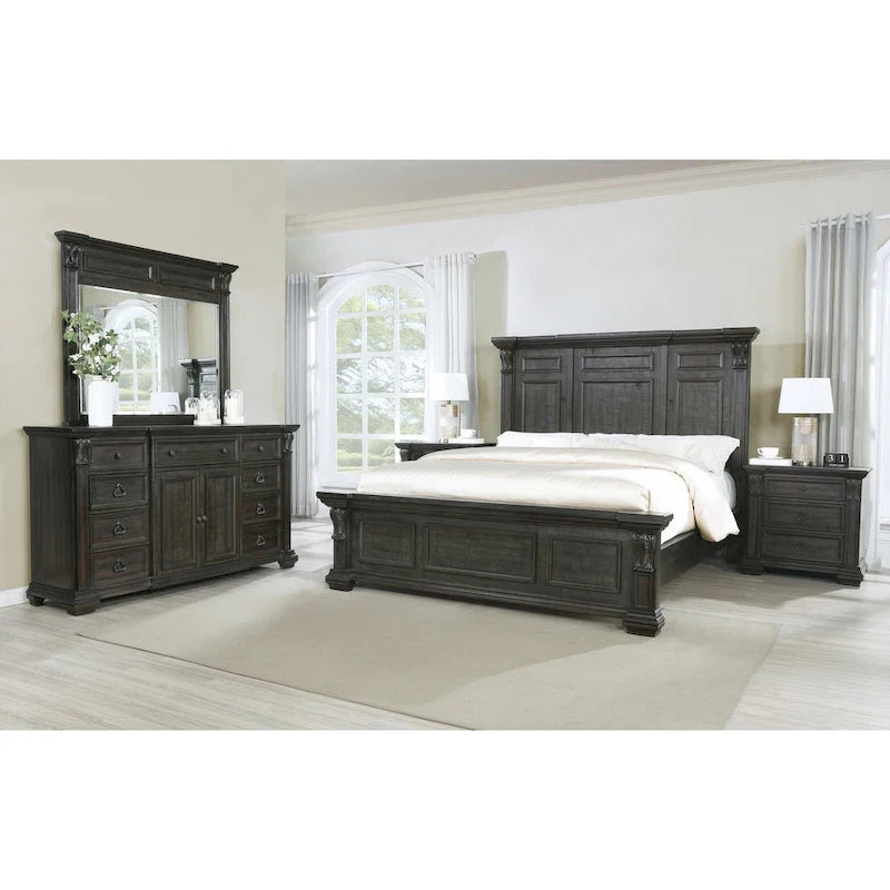 Roundhill Furniture Farson Distressed Dark Walnut Finish Wood Panel Bed, Dresser, Mirror, Two Nightstands