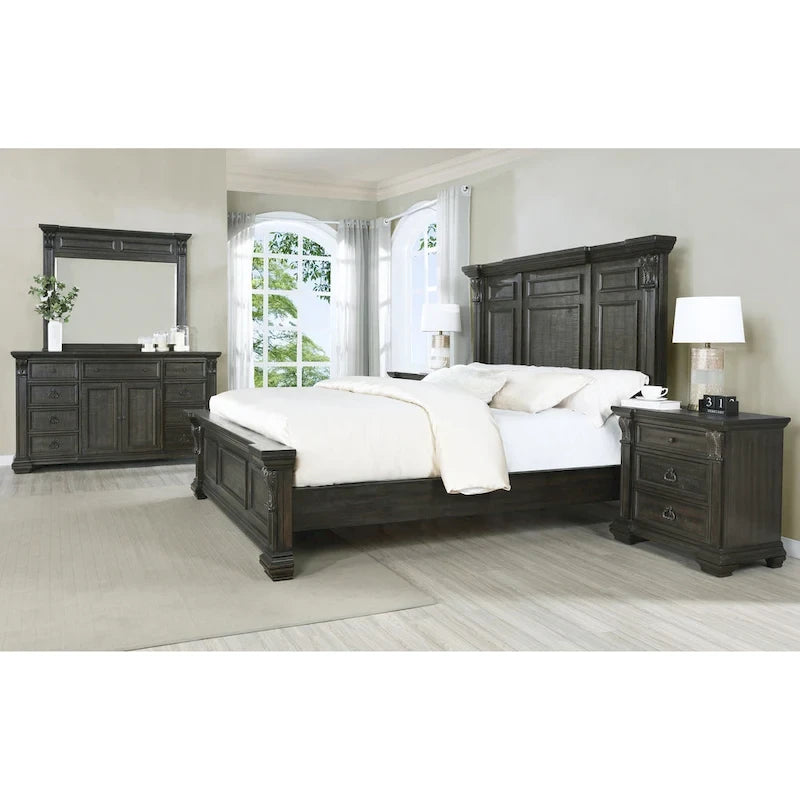 Roundhill Furniture Farson Distressed Dark Walnut Finish Wood Panel Bed, Dresser, Mirror, Two Nightstands