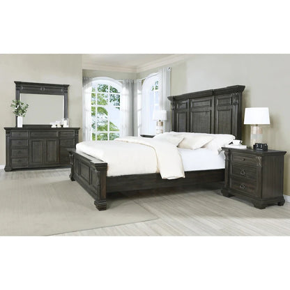 Roundhill Furniture Farson Distressed Dark Walnut Finish Wood Panel Bed, Dresser, Mirror, Two Nightstands