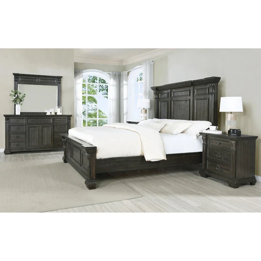 Roundhill Furniture Farson Distressed Dark Walnut Finish Wood Panel Bed, Dresser, Mirror, Two Nightstands