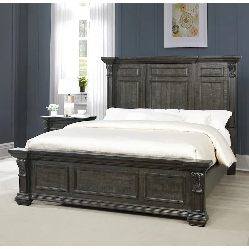 Roundhill Furniture Farson Distressed Dark Walnut Finish Wood Panel Bed, Dresser, Mirror, Two Nightstands