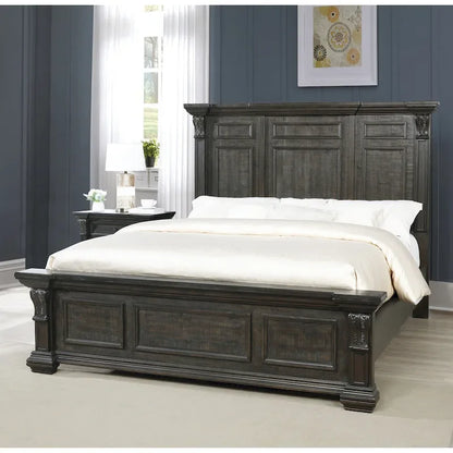 Roundhill Furniture Farson Distressed Dark Walnut Finish Wood Panel Bed, Dresser, Mirror, Two Nightstands