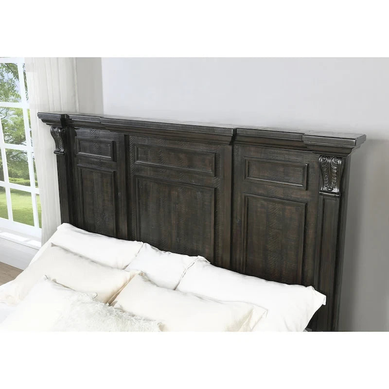 Roundhill Furniture Farson Distressed Dark Walnut Finish Wood Panel Bed, Dresser, Mirror, Two Nightstands
